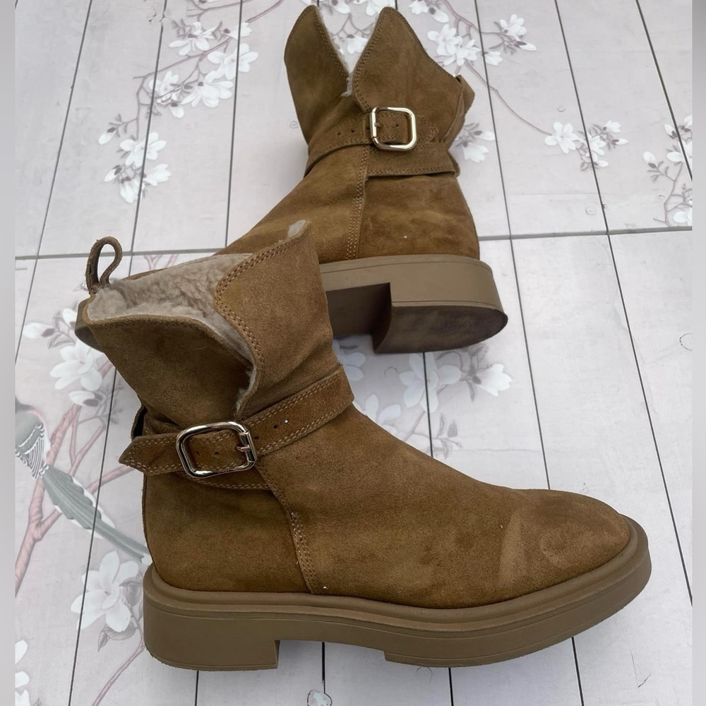 Zara Tan Suede Ankle Boots with Buckle